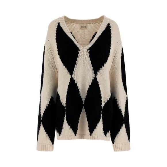 Khaite Valerie Argyle Cashmere Sweater Deep V-Neck Cream Black Oversized Cozy M - Picture 14 of 14